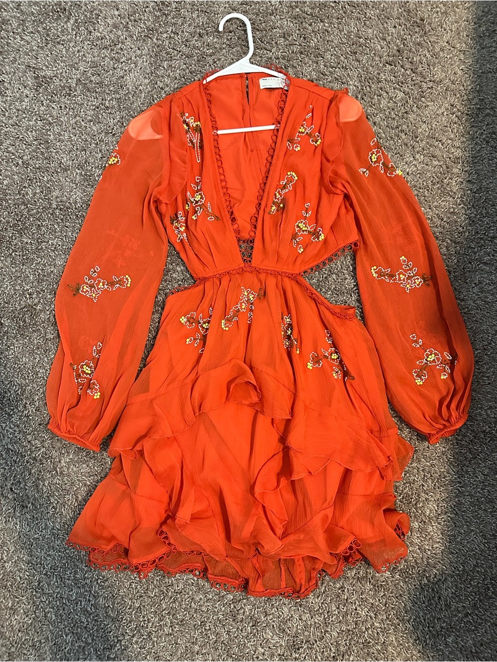 ASOS Orange Tiered Ruffle Mini Dress with Floral Embroidery